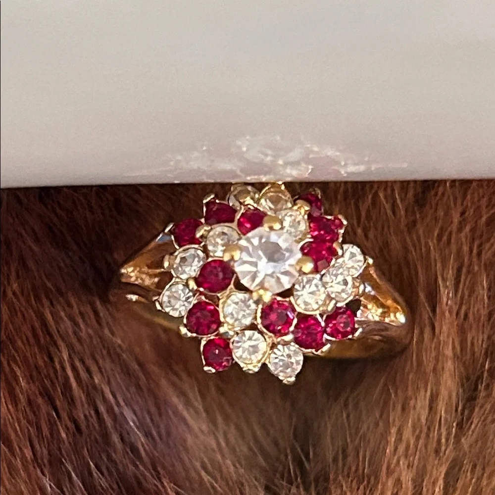 18KHGE Cathedral Ring with Red and White Gemstones
